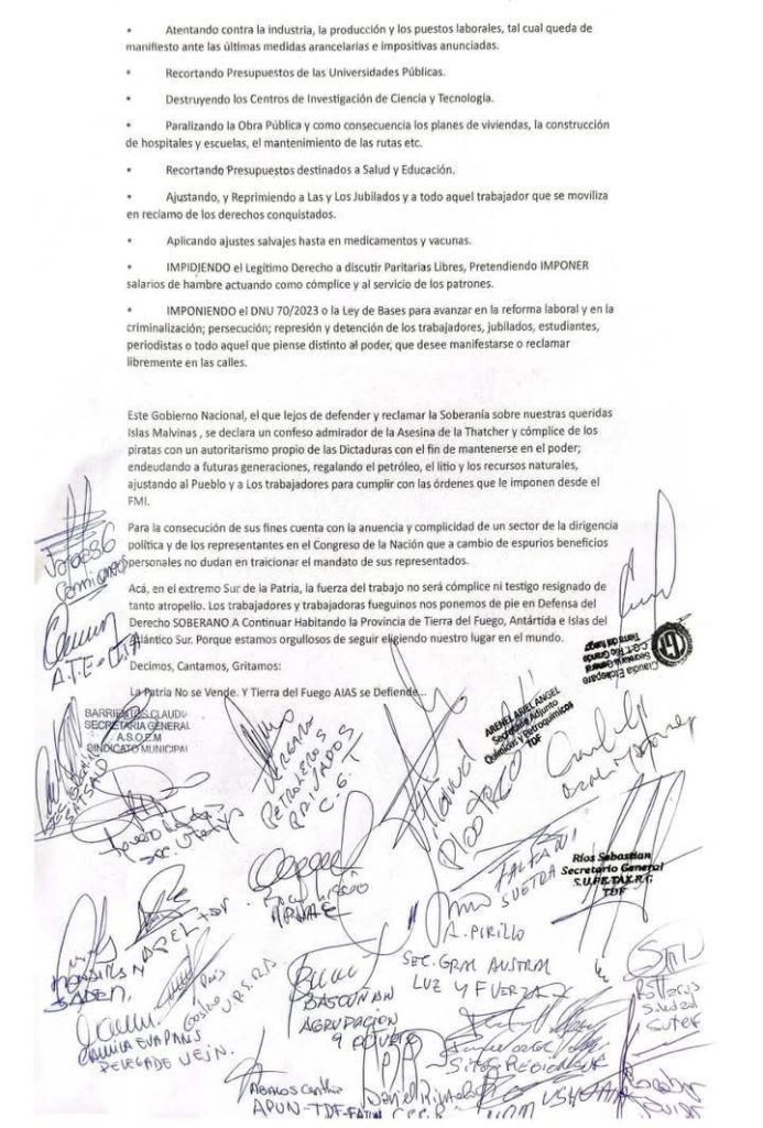 El acta que firmaron los líderes sindicales fueguinos