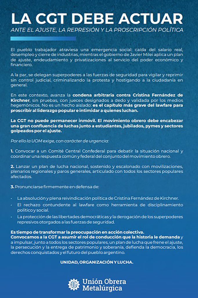El duro comunicado de la UOM contra la CGT